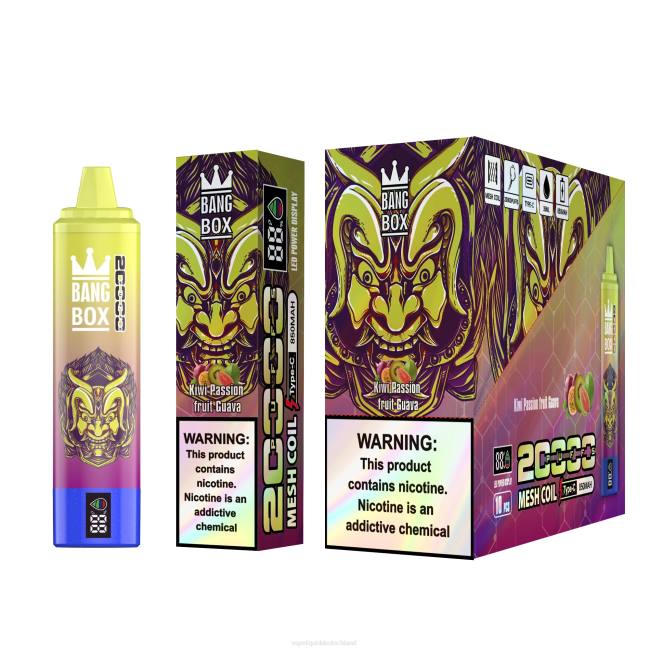 Vape Liquid 066450 Kiwi, Passionsfrucht, Guave - Bang Box 20.000 Züge intelligenter Bildschirm